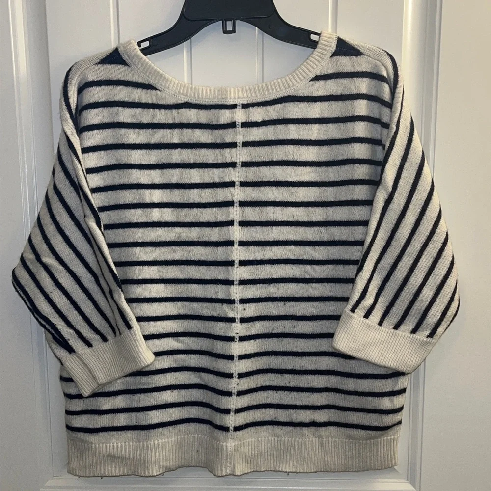 LOFT Cream and Navy Striped Crew Neck Sweater - Picture 7 of 8